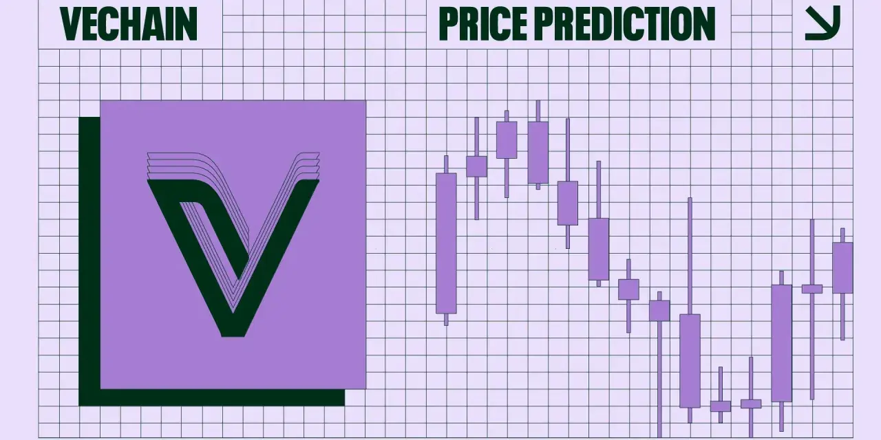 Vechain kurs: wykres świecowy z prognozą ceny. Logo Vechain obok.