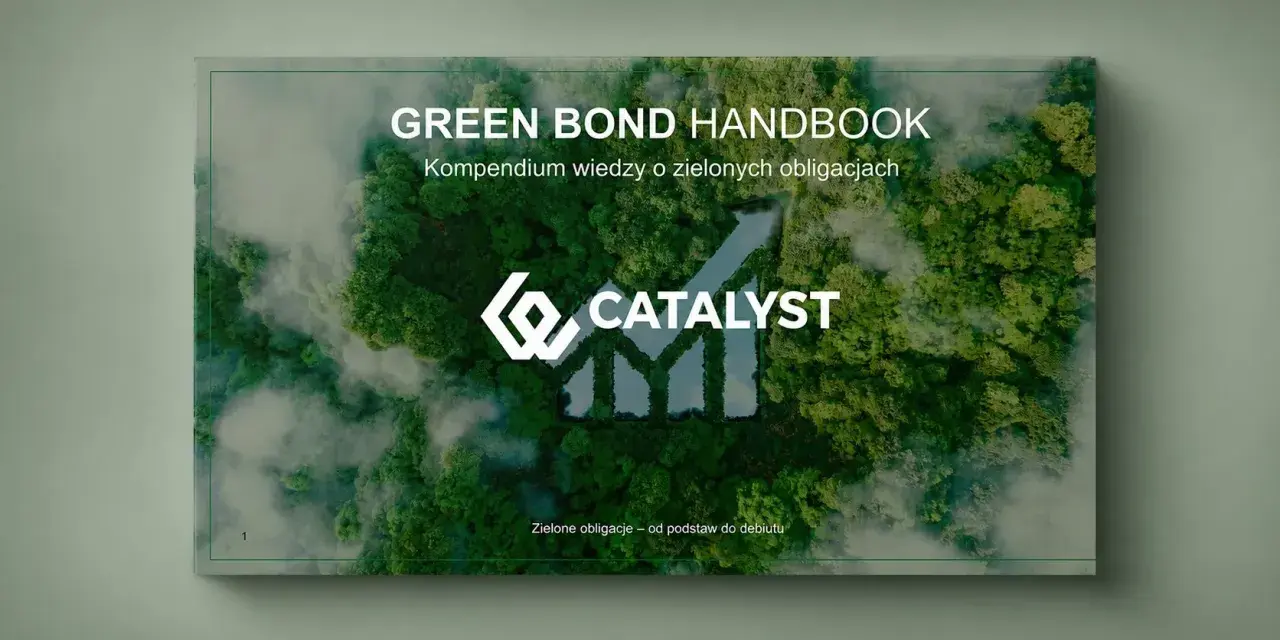 Zielone obligacje: podręcznik wiedzy od Catalyst. Grafika przedstawia las i symbol wzrostu, symbolizując ekologiczne akcje.