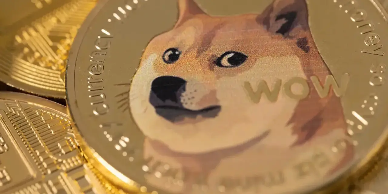 Złota moneta z wizerunkiem psa Shiba Inu i napisem "WOW". W tle widać inne monety, tworząc obraz symbolizujący dogecoin wykres.