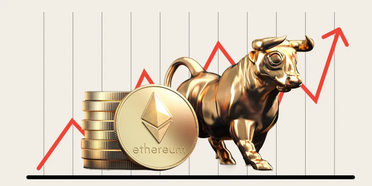 Złoty byk i stos monet Ethereum na tle wykresu wzrostu. Symbolizuje to bull run crypto.