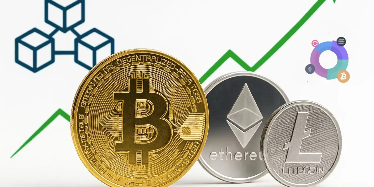 Monety Bitcoin, Ethereum i Litecoin na tle wykresu wzrostu. Symbol blockchain i wykres kołowy sugerują inwestycje w kryptowaluty.