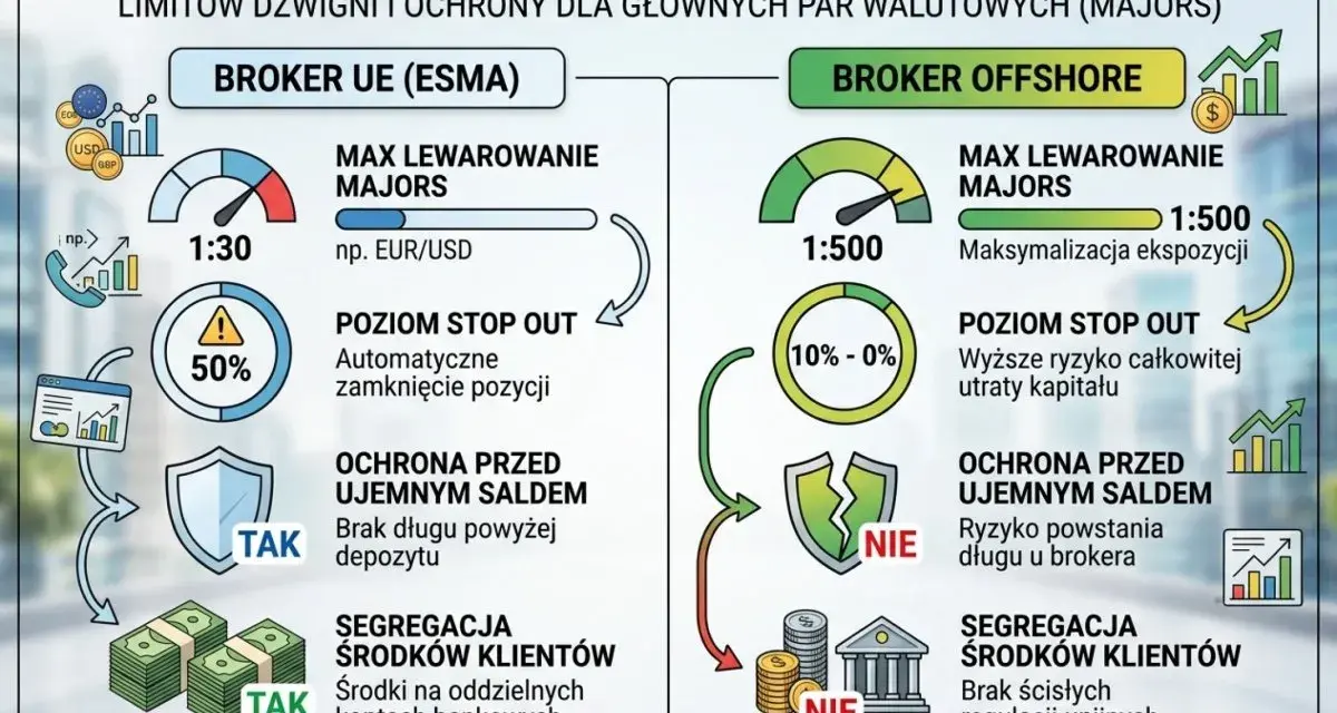 Porównanie brokera UE (ESMA) i brokera offshore: dźwignia, stop out, ochrona przed ujemnym saldem i segregacja środków.