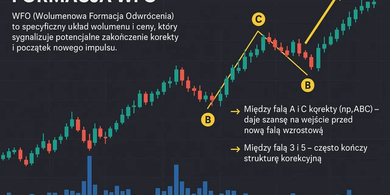 Wykres świecowy z formacją WFO, wskazującą na odwrócenie trendu. Unikaj wash trading, analizując wolumen i cenę.