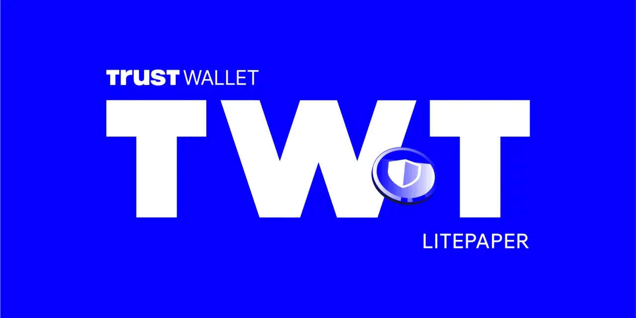 Trust Wallet TWT token z tarczą i napisem Litepaper na niebieskim tle.