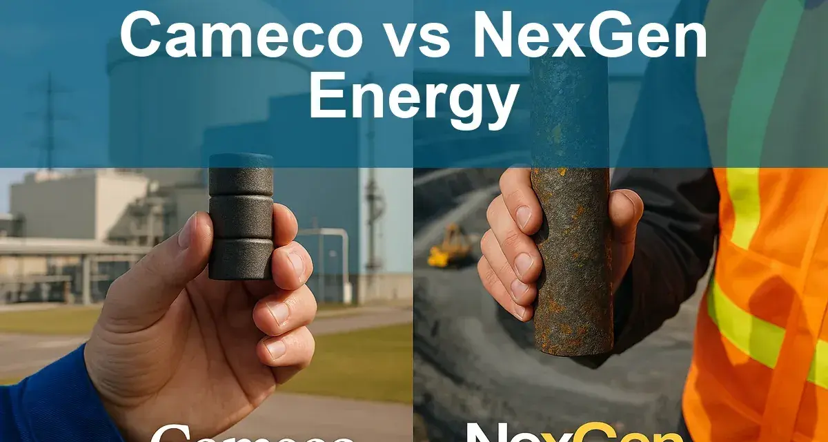 Porównanie materiałów: Cameco vs NexGen Energy. Ręka trzymająca próbkę uranu od Cameco na tle elektrowni jądrowej. Druga ręka trzymająca rudę od NexGen Energy na tle kopalni.