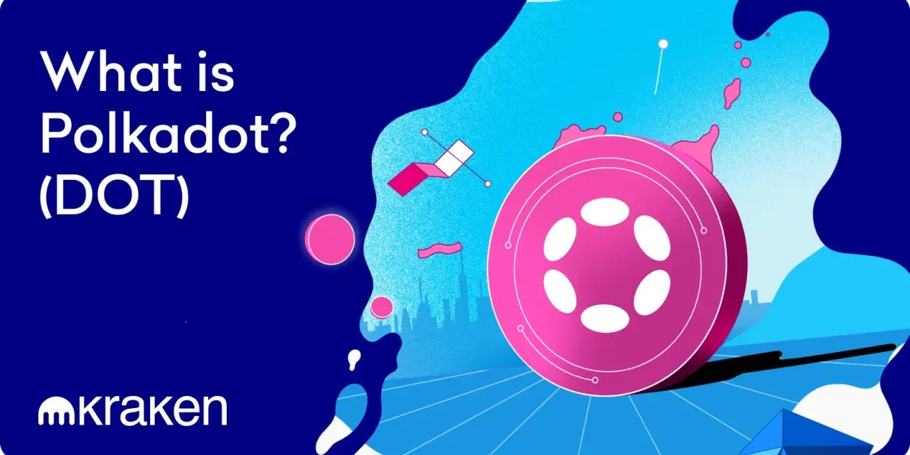 Co to Polkadot (DOT)? Grafika przedstawia dużą, różową monetę z białymi elipsami, symbolizującą kryptowalutę. W tle widać abstrakcyjny krajobraz miejski i elementy nawiązujące do technologii.