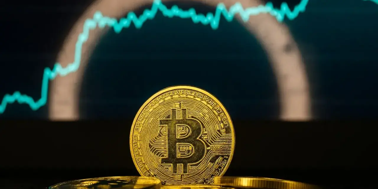 Złoty bitcoin na tle wykresu. Kto by pomyślał, ile kosztował bitcoin w 2010 roku, patrząc na ten wzrost!