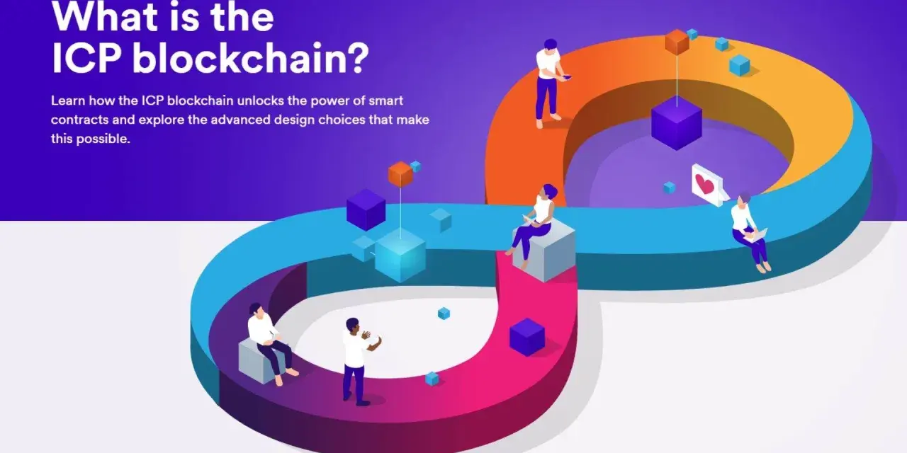 Grafika ilustruje, icp co to jest: blockchain z ludźmi i kostkami, symbolizującymi smart kontrakty i technologię.