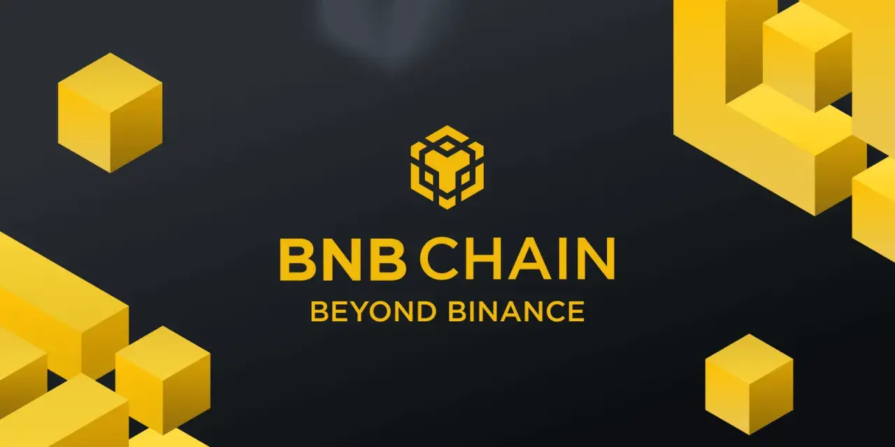 Żółte, geometryczne kształty otaczają logo BNB CHAIN. To wizualizacja przyszłości zdecentralizowanych technologii.