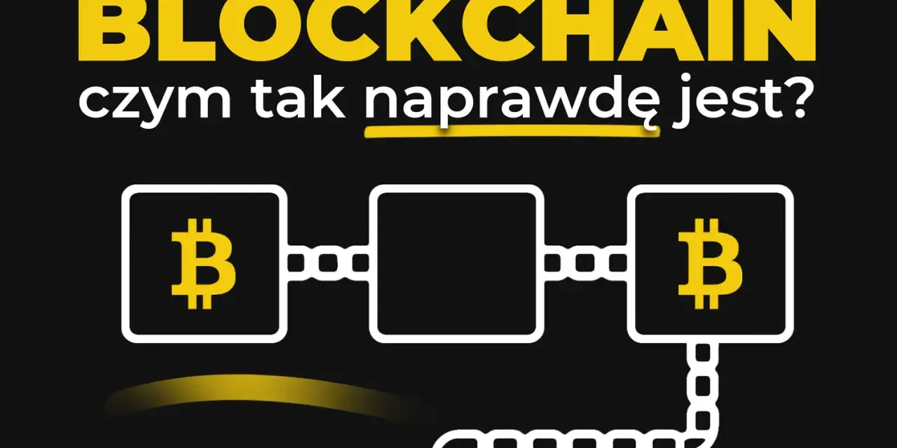 Grafika wyjaśnia, co to blockchain, pokazując połączone bloki z symbolem Bitcoina.