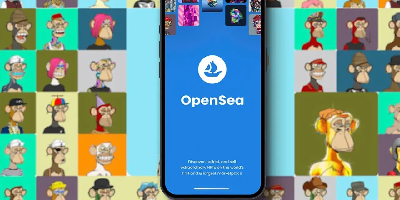 Aplikacja OpenSea na telefonie, otoczona siatką NFT z małpami. Dowiedz się, jak zrobić NFT i zacznij kolekcjonować!