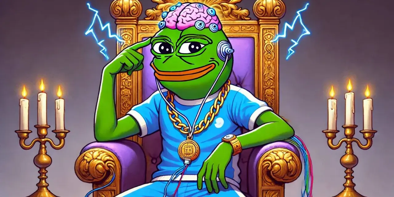 Pepe z mózgiem podłączonym do tronu, w złotym łańcuchu i słuchawkach, symbolizuje potęgę pepe usd.