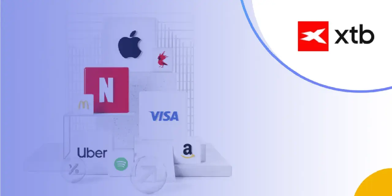 Logo XTB obok ikon znanych marek (Apple, Netflix, Visa, Amazon, Uber, McDonald's, Spotify). Unikaj xtb opłata za brak aktywności.