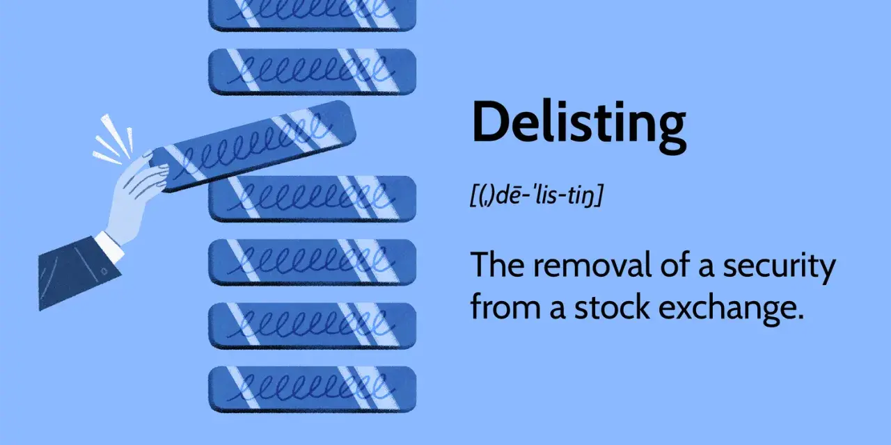 Ręka usuwa jeden z elementów z listy, symbolizując delisting akcji.