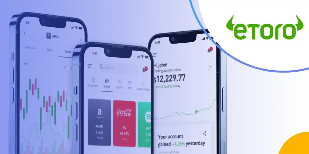 Trzy smartfony prezentujące aplikację eToro z wykresami giełdowymi i informacjami o inwestycjach. Sprawdź eToro opłaty przed rozpoczęciem handlu.