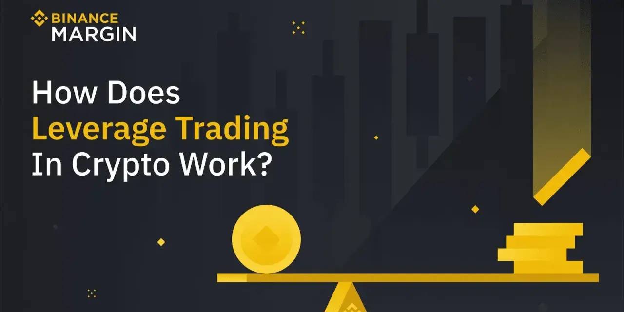 Binance dzwignia: grafika ilustrująca handel z dźwignią na kryptowalutach, z monetą na wadze i stosami monet.