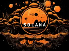 Pomarańczowy, kosmiczny krajobraz z napisem SOLANA w centrum. W tle góry i planety, symbolizujące potencjał solana usd.