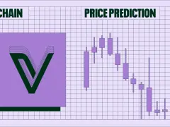 Vechain kurs: wykres świecowy z prognozą ceny. Logo Vechain obok.