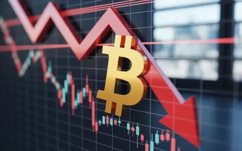 Złoty symbol bitcoin spada wraz z wykresem świecowym, wskazując na spadki wartości. W tle widać odbicie okien, sugerujące biuro.