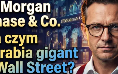 Portret mężczyzny w okularach na tle wykresów giełdowych i logo JPMorgan Chase & Co. Analiza jp morgan akcje.