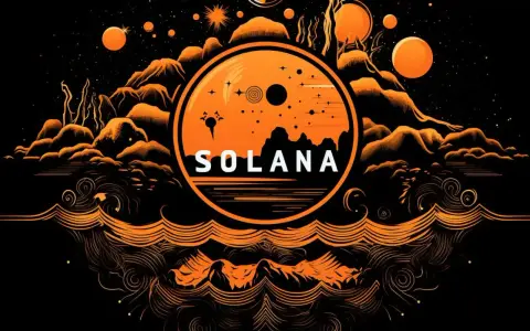 Pomarańczowy, kosmiczny krajobraz z napisem SOLANA w centrum. W tle góry i planety, symbolizujące potencjał solana usd.
