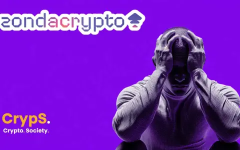 Zondacrypto i Cryps. Crypto. Society. na fioletowym tle. Mężczyzna w siatce 3D trzyma się za głowę, symbolizując stres związany z rynkiem kryptowalut, być może z powodu wahań wartości znd token.