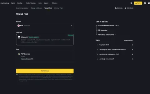Wybierz metodę wpłaty PLN na Binance, aby udokumentować zakup kryptowalut. Dostępne opcje to ZEN.COM i P2P Express.