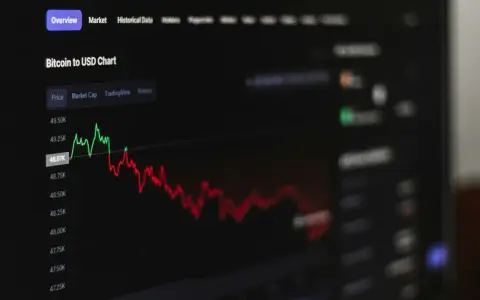 Wykres ceny Bitcoina do USD pokazuje znaczący spadek kryptowalut. Czerwona linia ilustruje trend spadkowy.