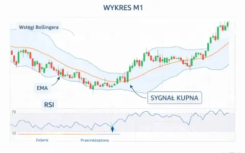 Wykres świecowy z wstęgami Bollingera, EMA i RSI. Analiza techniczna pokazuje sygnał kupna.