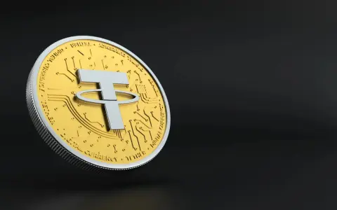 Złota moneta z symbolem Tether (USDT) i obwodem drukowanym. Wartość EUR USDT stabilna.