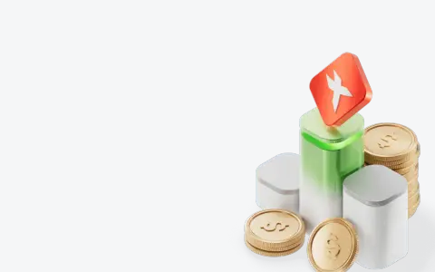 Ikona XTB stop loss na zielonym postumencie, otoczona złotymi monetami.