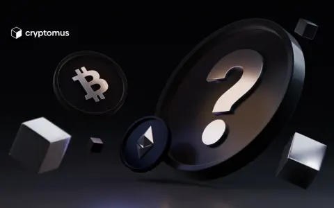 Jak stworzyć kryptowalutę? Monety Bitcoin i Ethereum, znak zapytania i kostki na ciemnym tle.