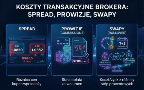Ilustracja przedstawia koszty transakcyjne brokera: spread, prowizje i swapy. Widoczny jest ekran z cenami BID i ASK, pokazujący xtb spread.
