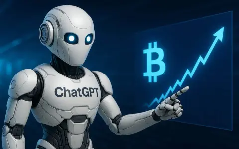 Robot ChatGPT wskazuje na wykres wzrostu Bitcoina, symbolizując potencjał kryptowalut i sztucznej inteligencji w finansach.