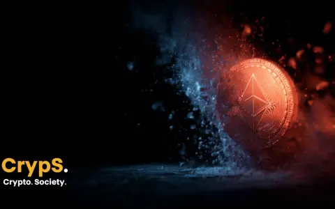 Moneta Ethereum wybija się z mroku, otoczona niebieskim i czerwonym pyłem. Najnowsze ethereum wiadomości w zasięgu ręki.