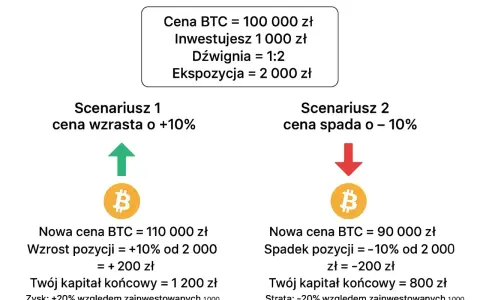 Symulacja zysków i strat z bitcoin cfd: wzrost o 10% daje 1200 zł, spadek o 10% to strata 800 zł.