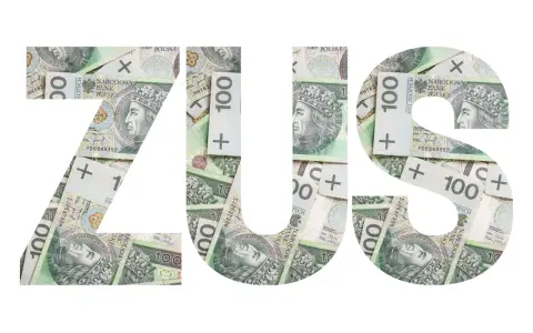 ZUS - ulga na start warunki. Polskie banknoty 100 zł tworzą napis ZUS, symbolizując finanse i wsparcie dla przedsiębiorców.