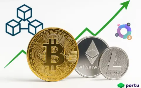 Monety Bitcoin, Ethereum i Litecoin na tle wykresu wzrostu. Symbol blockchain i wykres kołowy sugerują inwestycje w kryptowaluty.