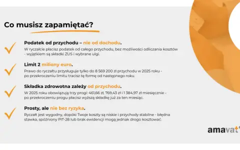 Ryczałt 2026: podatek od przychodu, limit 2 mln euro, składka zdrowotna zależna od dochodu. Pamiętaj o ryzyku!