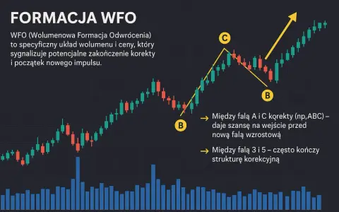 Wykres świecowy z formacją WFO, wskazującą na odwrócenie trendu. Unikaj wash trading, analizując wolumen i cenę.