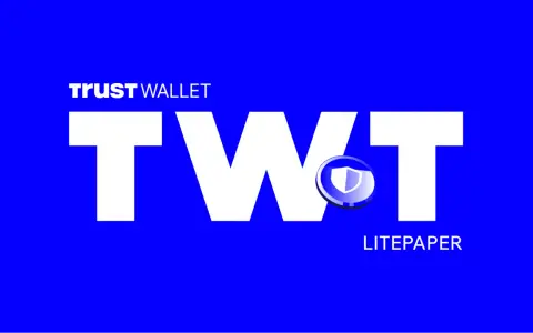 Trust Wallet TWT token z tarczą i napisem Litepaper na niebieskim tle.