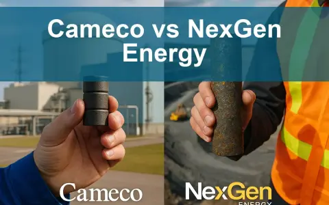 Porównanie materiałów: Cameco vs NexGen Energy. Ręka trzymająca próbkę uranu od Cameco na tle elektrowni jądrowej. Druga ręka trzymająca rudę od NexGen Energy na tle kopalni.