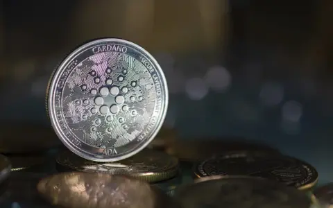 Moneta Cardano (ADA) na stosie innych monet. W tle rozmyte światła, sugerujące analizę i prognozy dotyczące przyszłości kryptowaluty.