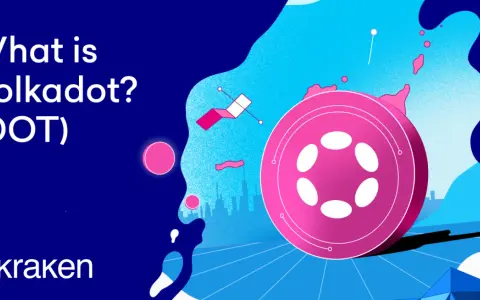 Co to Polkadot (DOT)? Grafika przedstawia dużą, różową monetę z białymi elipsami, symbolizującą kryptowalutę. W tle widać abstrakcyjny krajobraz miejski i elementy nawiązujące do technologii.