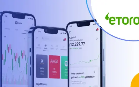 Trzy smartfony prezentujące aplikację eToro z wykresami giełdowymi i informacjami o inwestycjach. Sprawdź eToro opłaty przed rozpoczęciem handlu.