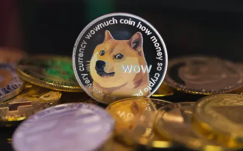 Dogecoin, "wowmuch coin how money so crypto", otoczony innymi monetami. Analiza dogecoin prognoza.