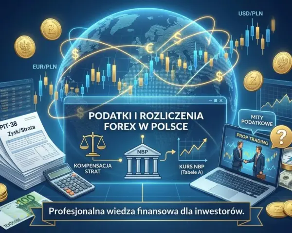 Jak nie płacić podatku od forex? Grafika przedstawia rozliczenia podatkowe, PIT-38, kalkulator, NBP, wykresy i waluty, sugerując profesjonalną wiedzę finansową.