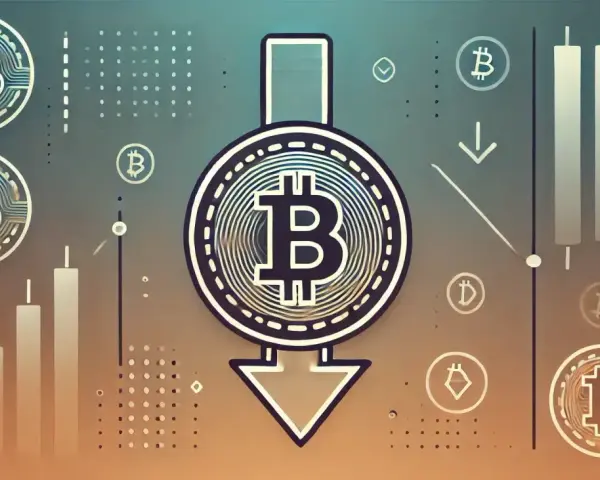 Grafika z ikonami Bitcoina i spadkowym wykresem. Widać symbol spadku, sugerujący granie na spadki.