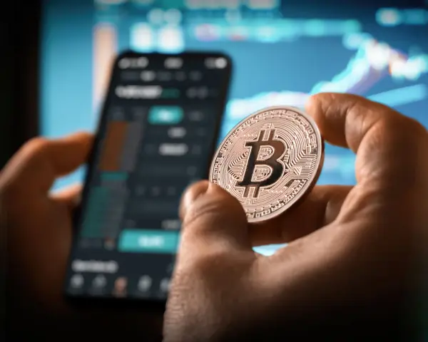 Dłoń trzyma monetę z symbolem Bitcoina, na tle wykresów i ekranu telefonu. Może to być nawiązanie do historii Jamesa Howelsa i jego utraconych bitcoinów.