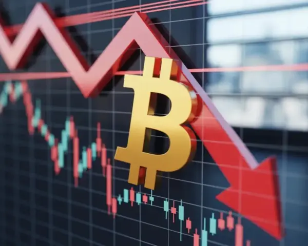 Złoty symbol bitcoin spada wraz z wykresem świecowym, wskazując na spadki wartości. W tle widać odbicie okien, sugerujące biuro.